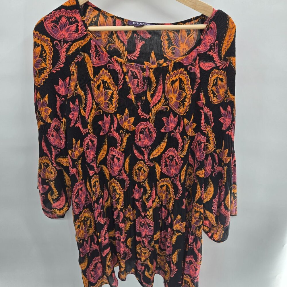 Roaman's Black Orange Pink Floral Unlined Ribbed Textured Tunic Top 32W